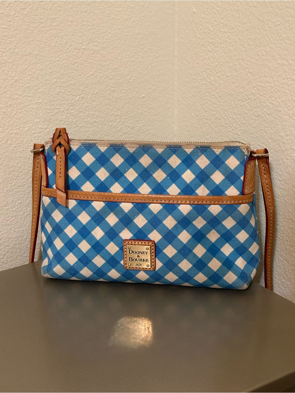 Dooney & Bourke Blue and White Gingham Crossbody with Tan Trim